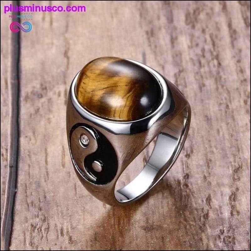 Plus Minus Co Vintage Men Boy Oval Tiger Eye Brown Stones with Yin Yang