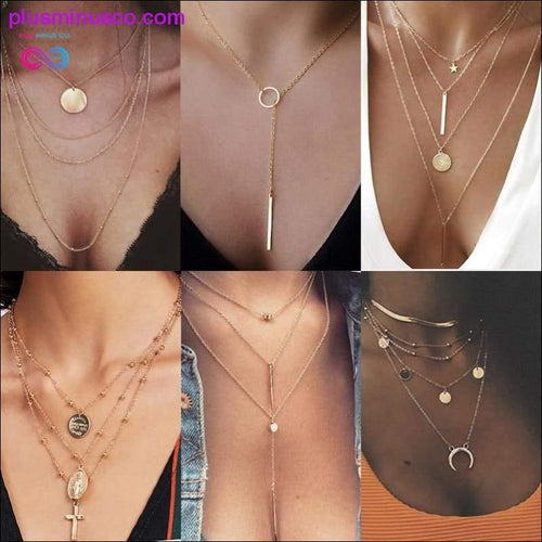 Plus Minus Co Vintage Multilayer Crystal Pendant Necklace Women Gold Color