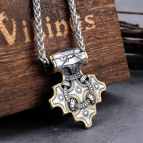 Plus Minus Co Vintage Viking Odin Raven Mjolnir Thor's Hammer Necklace