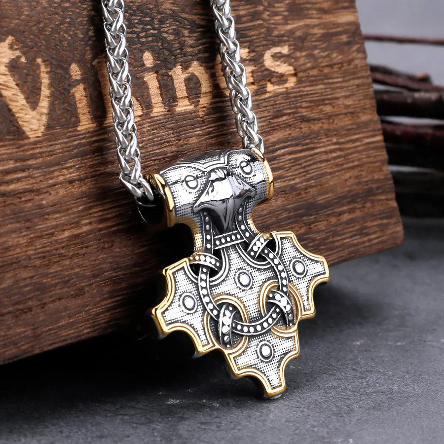 Plus Minus Co Vintage Viking Odin Raven Mjolnir Thor's Hammer Necklace