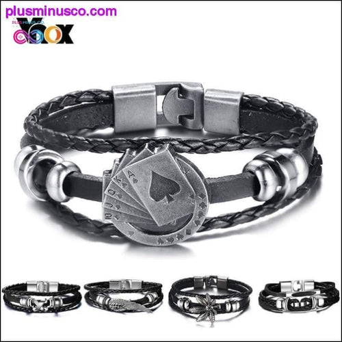 Plus Minus Co Vnox Lucky Vintage Men's Leather Bracelet Playing Cards Raja