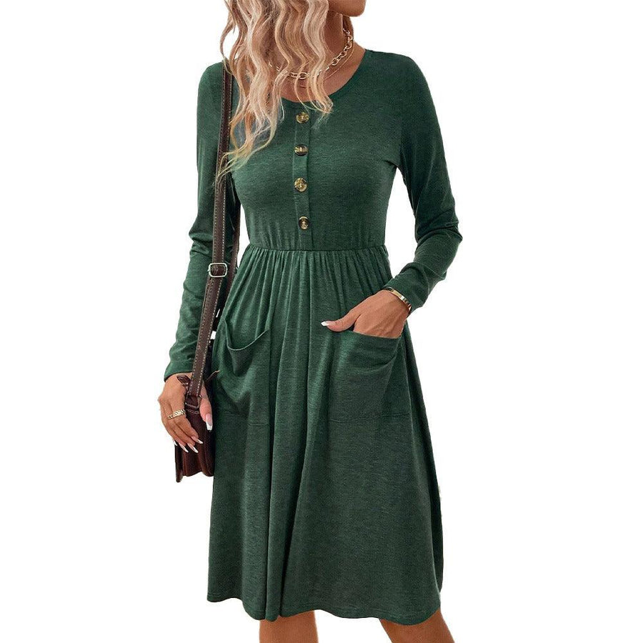 Plus Minus Co Waist collection round neck A-line skirt button pocket knitted long sleeved dress