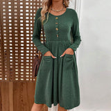 Plus Minus Co Waist collection round neck A-line skirt button pocket knitted long sleeved dress, view 2