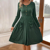 Plus Minus Co Waist collection round neck A-line skirt button pocket knitted long sleeved dress, view 3