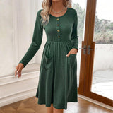 Plus Minus Co Waist collection round neck A-line skirt button pocket knitted long sleeved dress, view 4