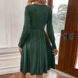 Plus Minus Co Waist collection round neck A-line skirt button pocket knitted long sleeved dress, view 5