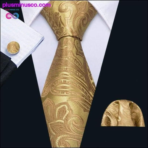 Plus Minus Co Wedding Tie Gold Paisley Silk Tie Hanky Set 8.5cm Fashion
