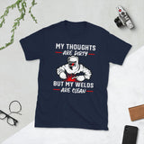 Plus Minus Co Welder My thoughts are drty byt my welds are clean Unisex Tee, view 2
