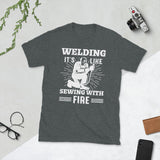 Plus Minus Co Welding its like sewing with fire Unisex Tee, view 3