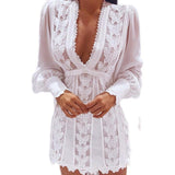 Plus Minus Co White Elegant Dresses Sexy V Neck Lace Dress Long Puff Sleeve Butterfly Dress For Women, view 2