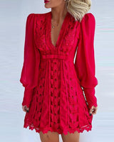 Plus Minus Co White Elegant Dresses Sexy V Neck Lace Dress Long Puff Sleeve Butterfly Dress For Women, view 5