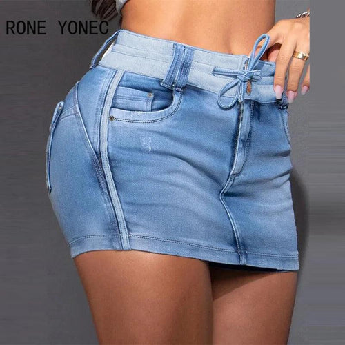 Plus Minus Co Women Casual Drawstring Pocket Skinny Straight Jeans Denim Skirt Shorts