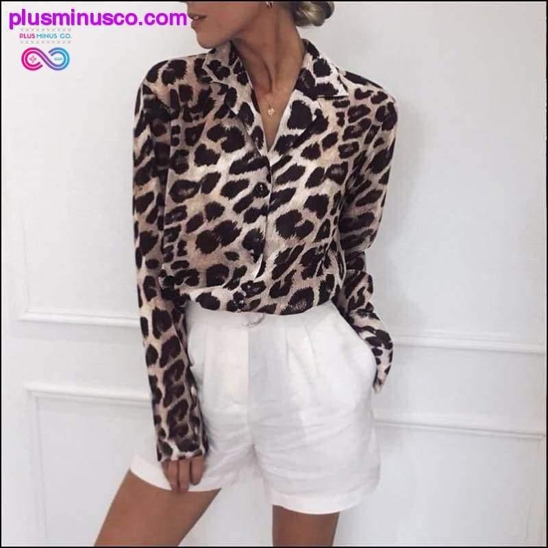 Plus Minus Co Women Casual Leopard Printed Chiffon Blouse Long Sleeve Turn
