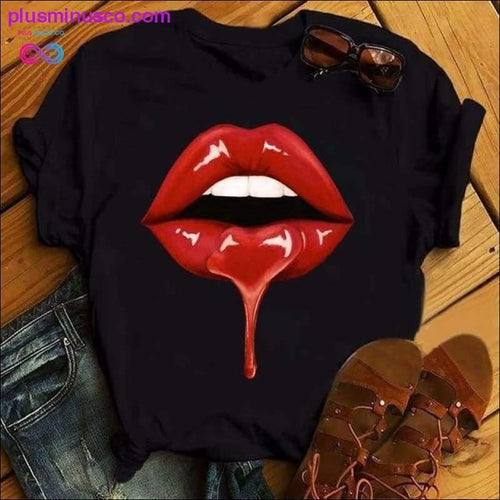 Plus Minus Co Women Lip Funny Printed Girl Black Tshirt Summer Cartoon