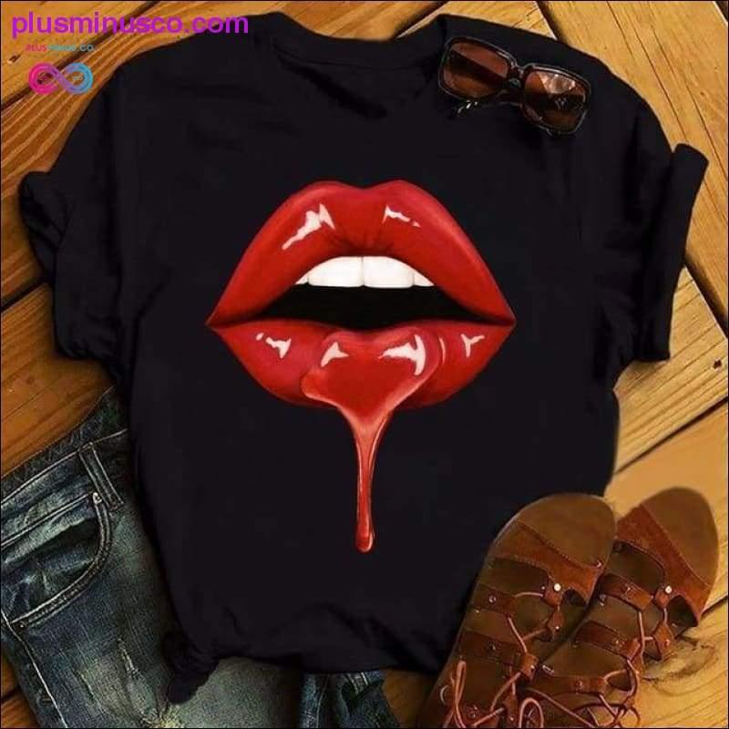Plus Minus Co Women Lip Funny Printed Girl Black Tshirt Summer Cartoon