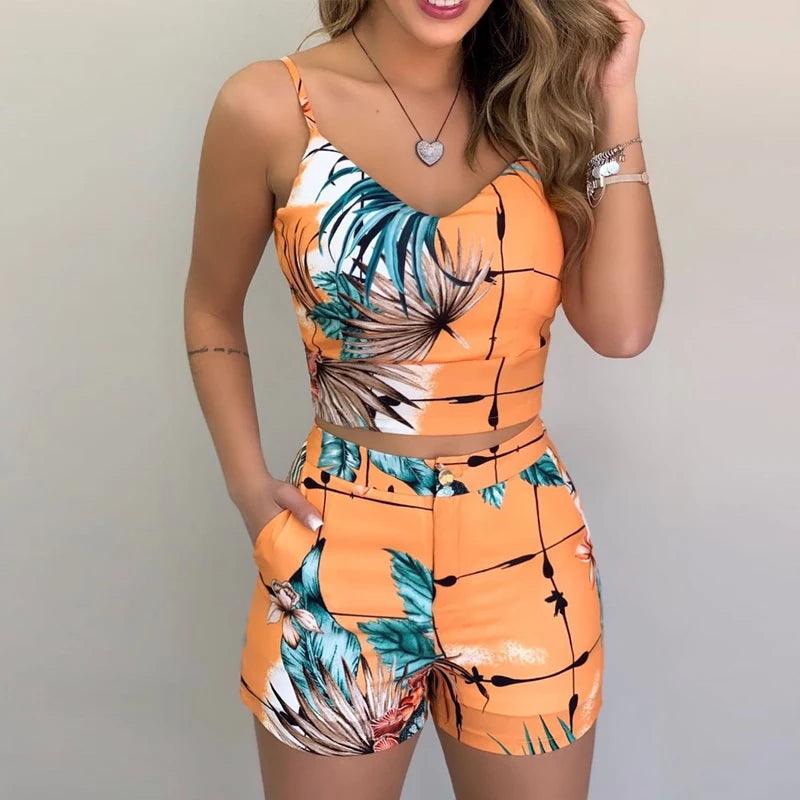 Plus Minus Co 2Pieces Sets Summer Women Shorts Suits Office Lady Floral Strap Tank Crop Top+High Waist Button Shorts Female Outfits