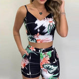 Plus Minus Co 2Pieces Sets Summer Women Shorts Suits Office Lady Floral Strap Tank Crop Top+High Waist Button Shorts Female Outfits, view 3