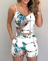 Plus Minus Co 2Pieces Sets Summer Women Shorts Suits Office Lady Floral Strap Tank Crop Top+High Waist Button Shorts Female Outfits, view 4