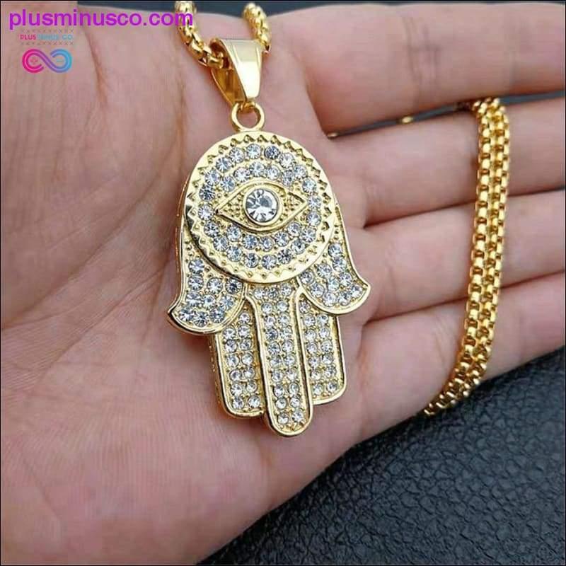 Plus Minus Co Hamsa Hand of Fatima Necklace Gold Color Stainless Steel
