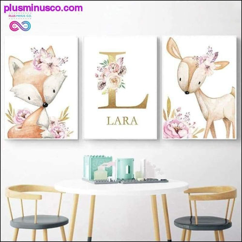 Plus Minus Co Woodland Animal Print Nursery Canvas Painting Custom Name