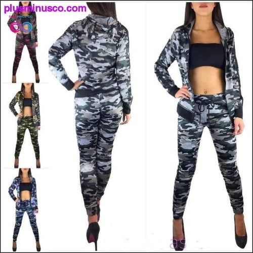 Plus Minus Co 2 Pieces Women Set Camouflage Training Suit Fitness Trousers
