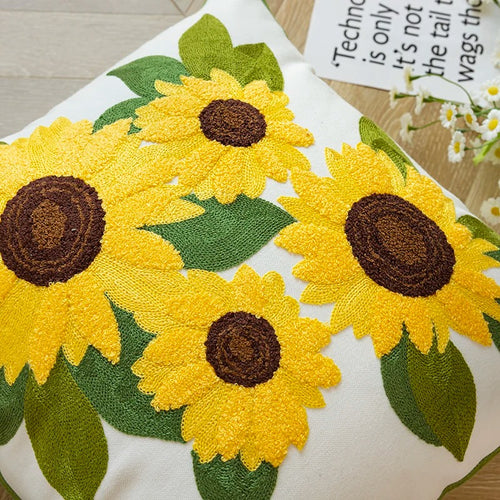 Roomtery Aesthetic Sunflowers Embroidered Cushion Cover