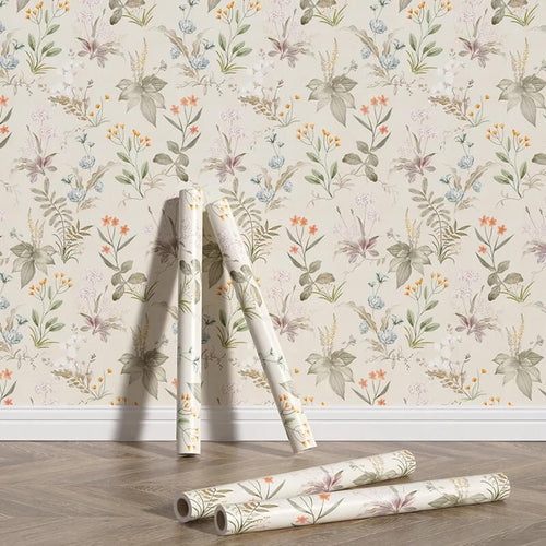 Roomtery Beige Cottagecore Floral Removable Wallpaper