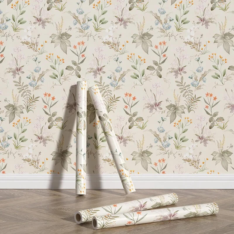 Roomtery Beige Cottagecore Floral Removable Wallpaper