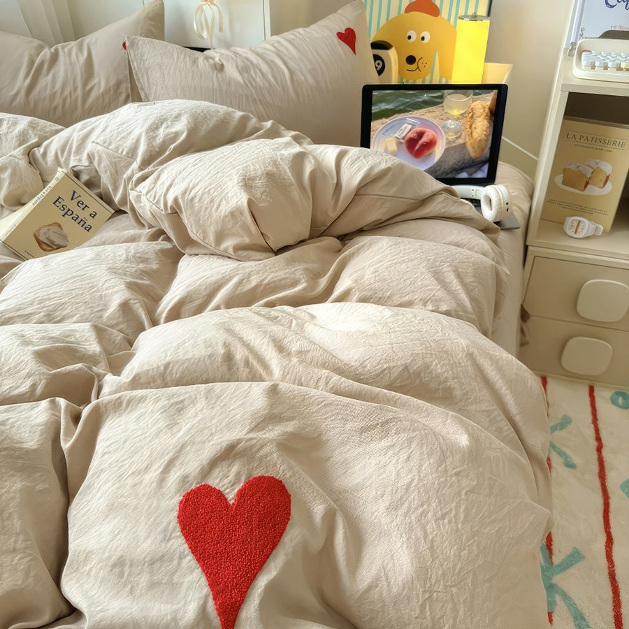 Roomtery Beige Washed Cotton Bedding Set With Red Embroidered Heart