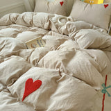 Roomtery Beige Washed Cotton Bedding Set With Red Embroidered Heart, view 4