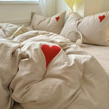 Roomtery Beige Washed Cotton Bedding Set With Red Embroidered Heart, view 5