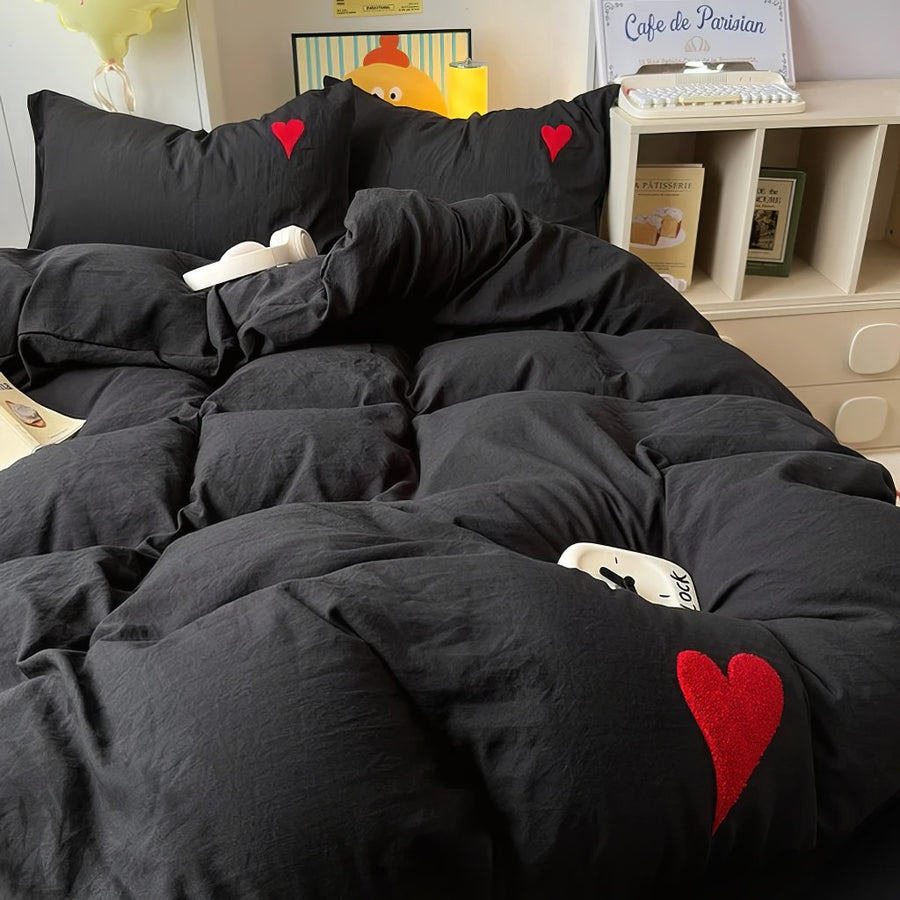 Roomtery Black Washed Cotton Bedding Set With Red Embroidered Heart
