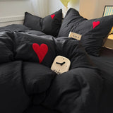 Roomtery Black Washed Cotton Bedding Set With Red Embroidered Heart, view 5