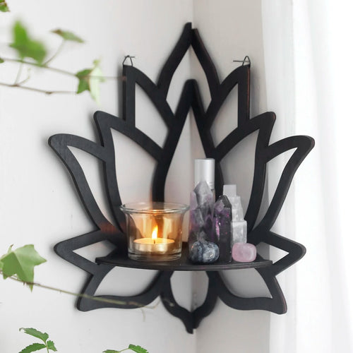 Roomtery Black Wooden Lotus Corner Wall Shelf
