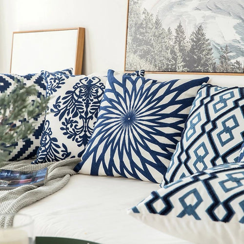Roomtery Blue Embroidered Ornaments Cushion Cover
