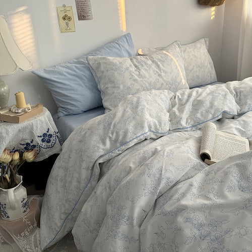 Roomtery Blue Floral Line Art Bedding Duvet Cover Set