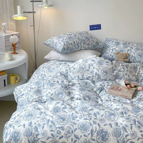 Roomtery Blue Flowers Pattern Print Bedding Set