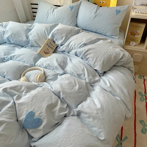 Roomtery Blue Washed Cotton Bedding Set With Blue Embroidered Heart