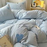 Roomtery Blue Washed Cotton Bedding Set With Blue Embroidered Heart, view 3