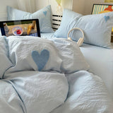 Roomtery Blue Washed Cotton Bedding Set With Blue Embroidered Heart, view 5
