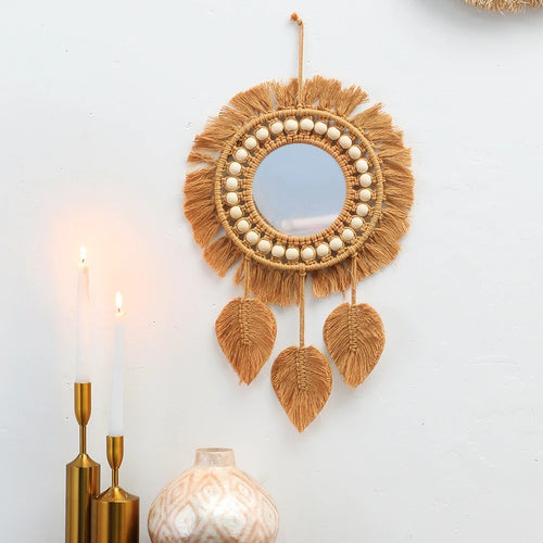 Roomtery Boho Aesthetic Brown Macrame Mirror