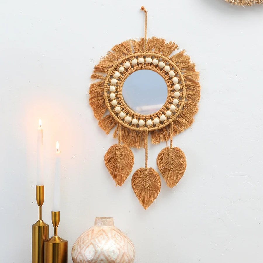 Roomtery Boho Aesthetic Brown Macrame Mirror