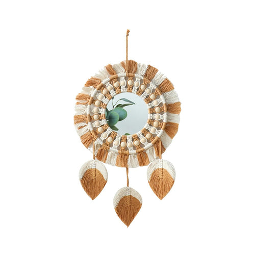 Roomtery Brown & Beige Macrame Fringe Wall Mirror