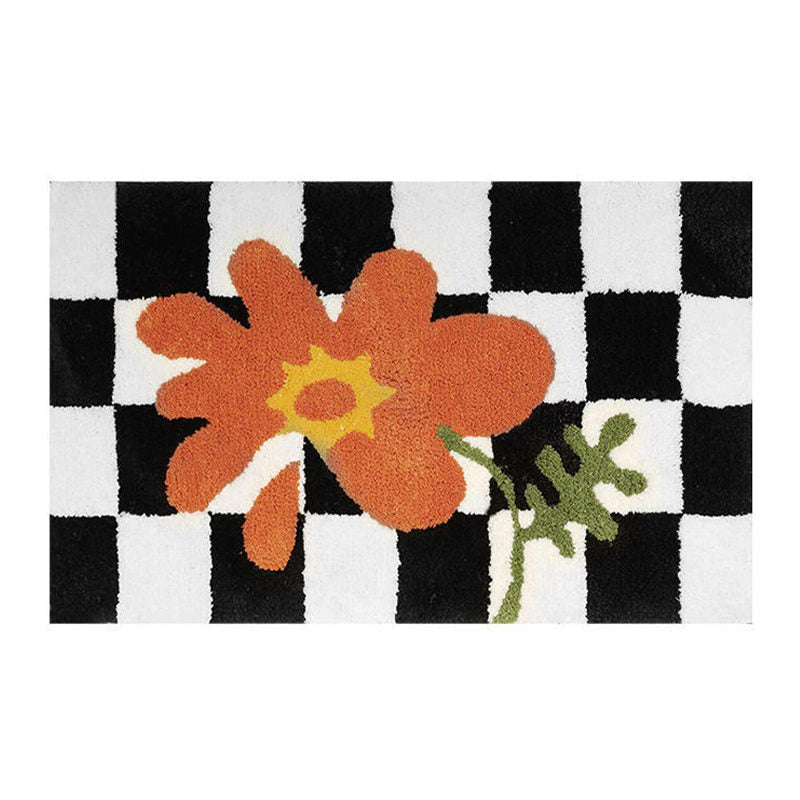 Roomtery Checkered Orange Flower Accent Rug