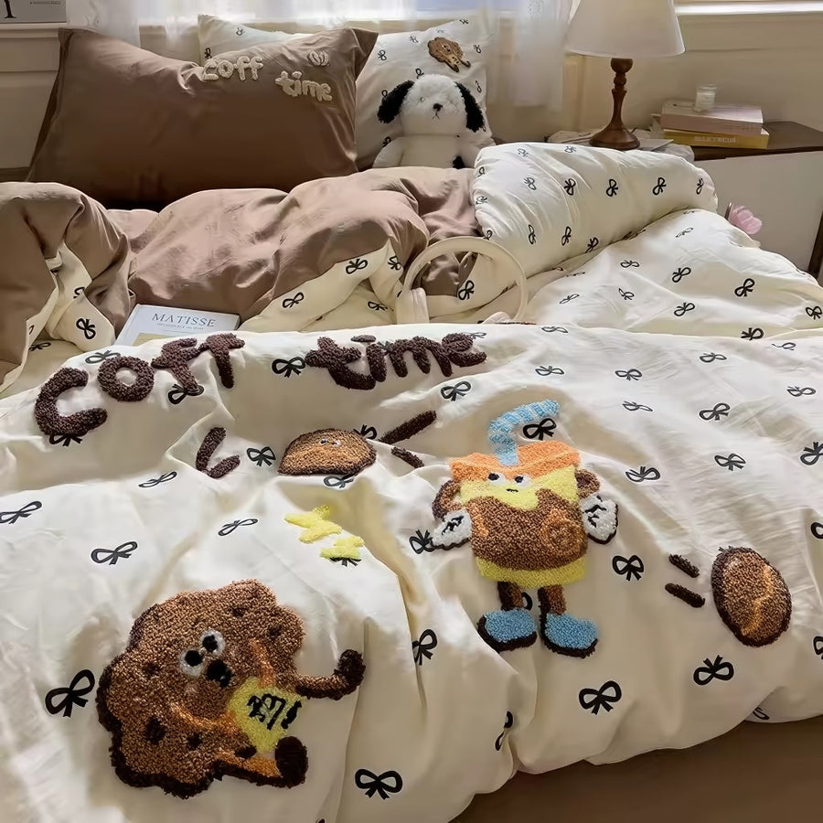 Roomtery Coffee Time Embroidery Bedding Duvet Cover Set