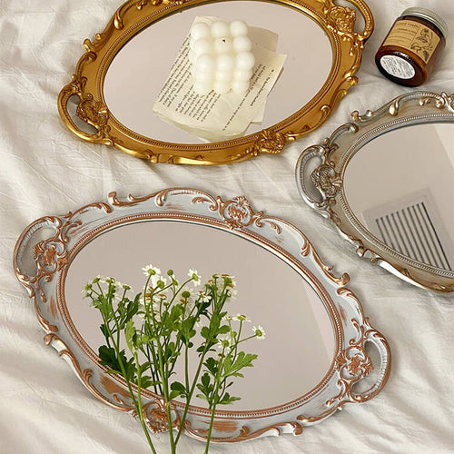 Roomtery Coquette Aesthetic Vintage Mirrored Oval Tray
