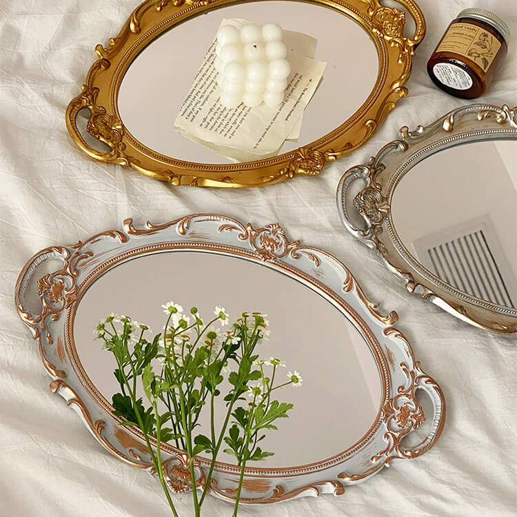 Roomtery Coquette Aesthetic Vintage Mirrored Oval Tray