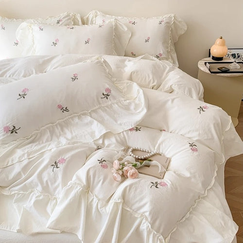 Roomtery Coquette Roses Ruffle Duvet Cover & Sham Set