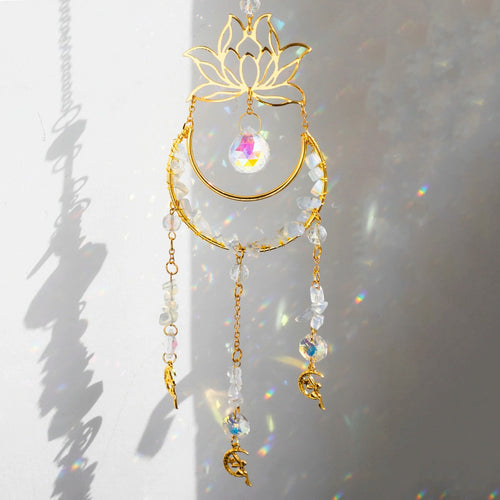 Roomtery Crystal Lotus Suncatcher with Moon Pendant