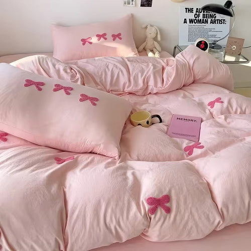 Roomtery Cute Embroidered Bows Coquette Bedding Set
